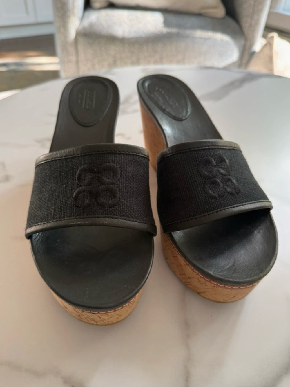 Coach Black Canvas Slide Wedge Sandals with Cork Platform